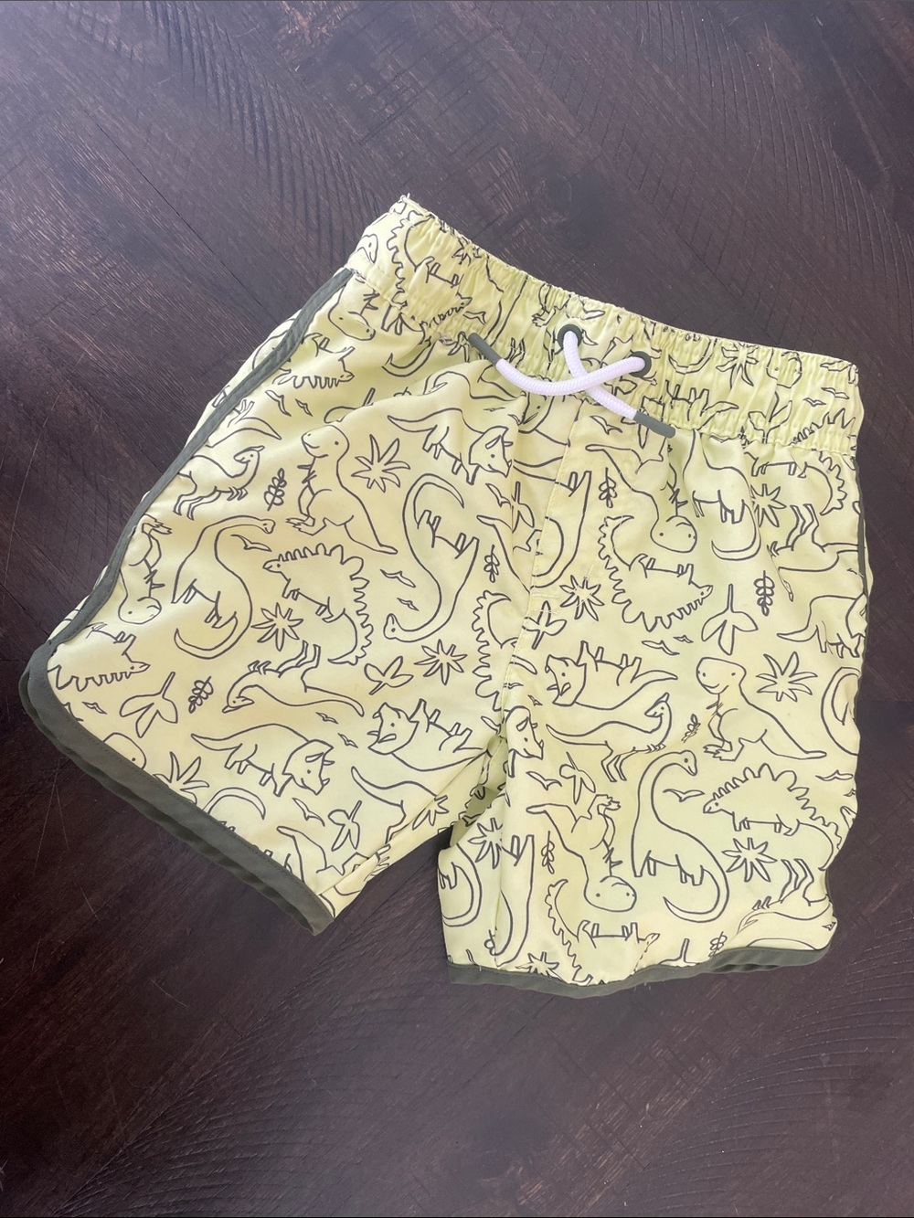 Cat & Jack Yellow Dinosaur Swim Shorts with Olive Trim